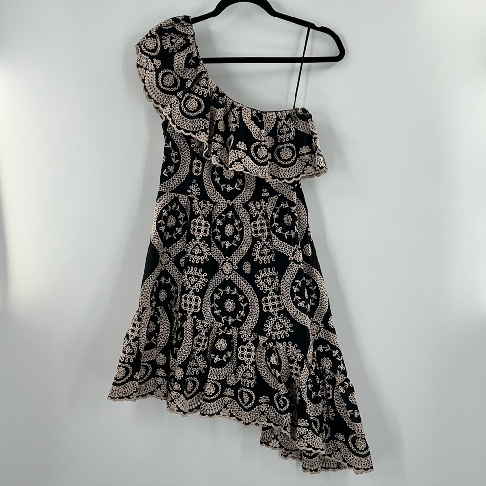 LoveShackFancy Pamela One Shoulder Mini Dress in Black/Cream size Small - Picture 3 of 7